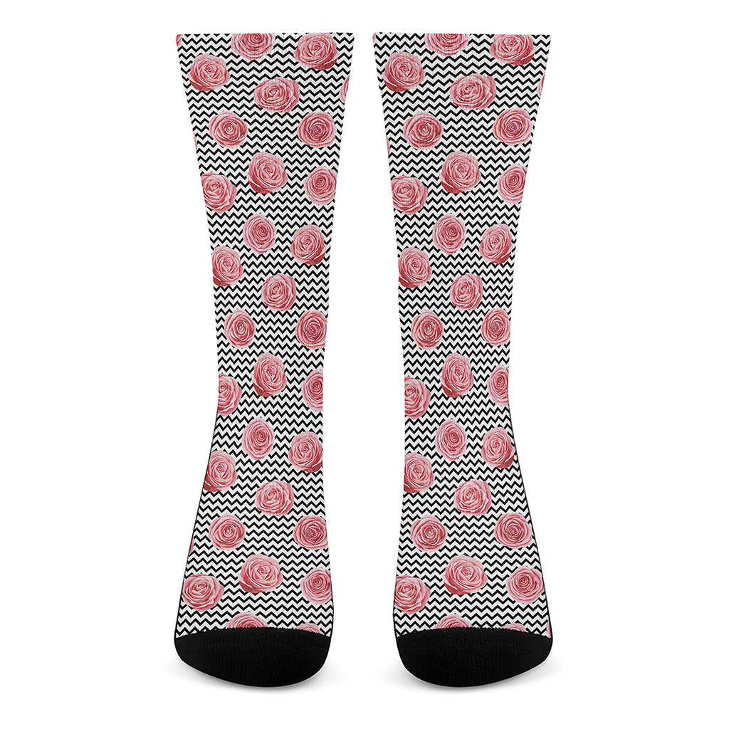 Pink Rose Zigzag Pattern Print Crew Socks