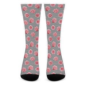 Pink Rose Zigzag Pattern Print Crew Socks