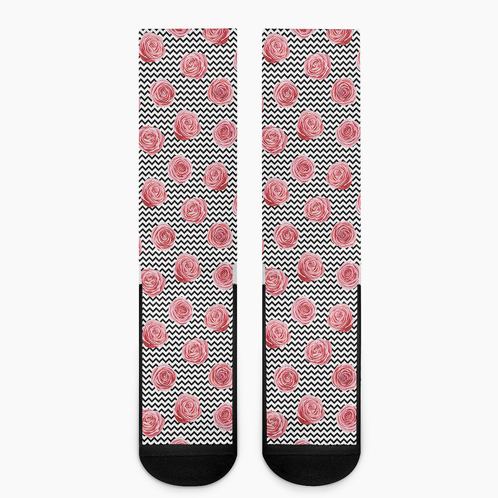 Pink Rose Zigzag Pattern Print Crew Socks