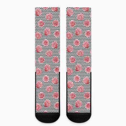 Pink Rose Zigzag Pattern Print Crew Socks