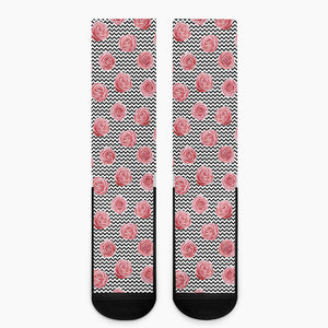 Pink Rose Zigzag Pattern Print Crew Socks