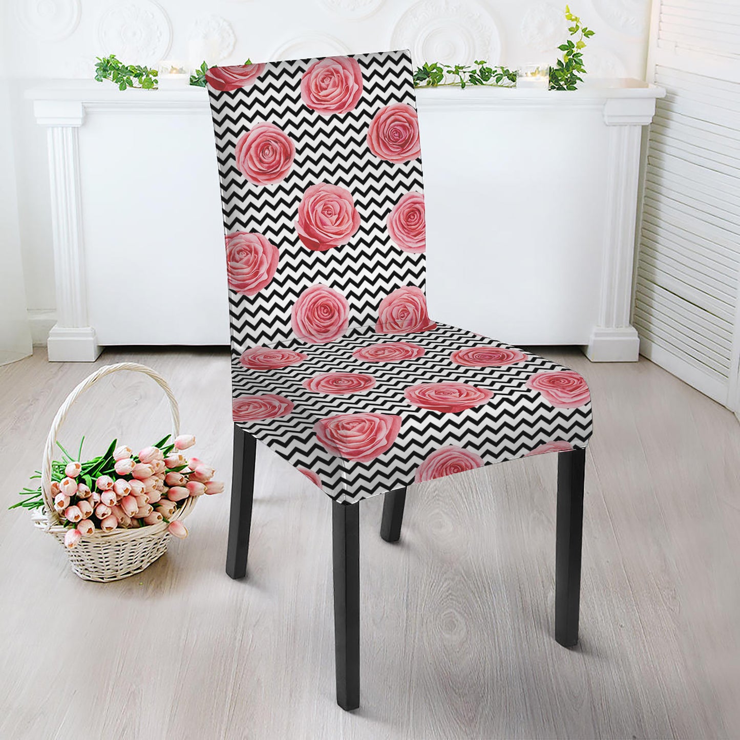 Pink Rose Zigzag Pattern Print Dining Chair Slipcover