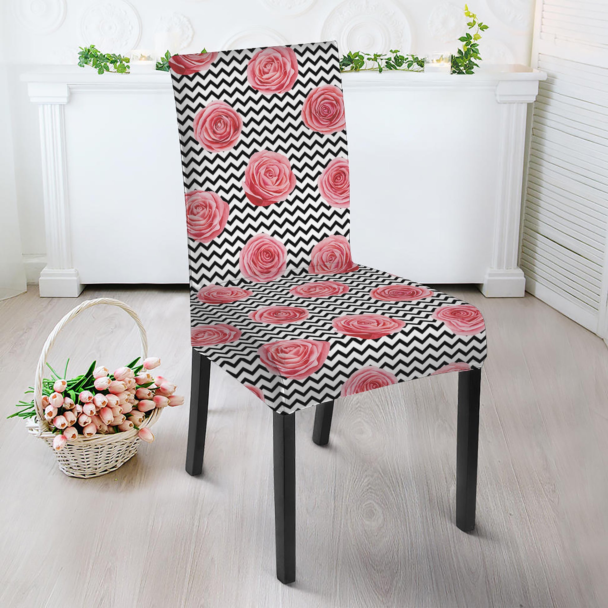 Pink Rose Zigzag Pattern Print Dining Chair Slipcover