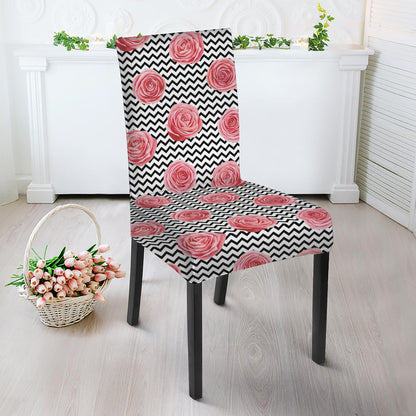 Pink Rose Zigzag Pattern Print Dining Chair Slipcover