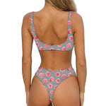 Pink Rose Zigzag Pattern Print Front Bow Tie Bikini