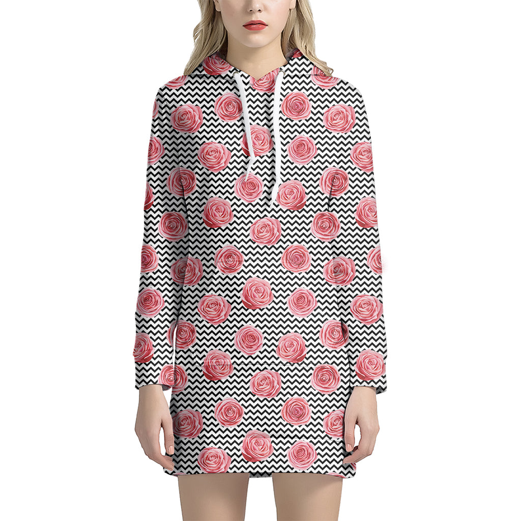 Pink Rose Zigzag Pattern Print Hoodie Dress