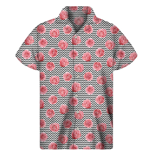 Pink Rose Zigzag Pattern Print Men's Short Sleeve Shirt