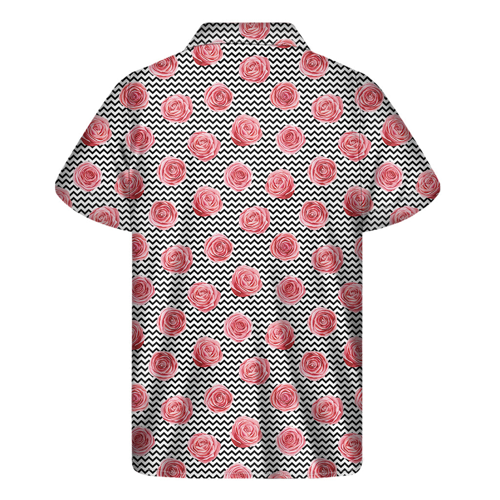Pink Rose Zigzag Pattern Print Men's Short Sleeve Shirt