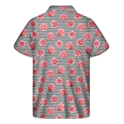 Pink Rose Zigzag Pattern Print Men's Short Sleeve Shirt