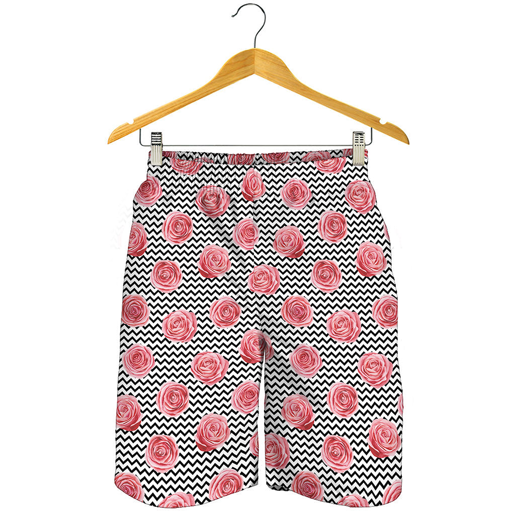Pink Rose Zigzag Pattern Print Men's Shorts