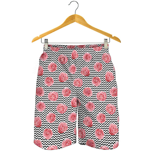 Pink Rose Zigzag Pattern Print Men's Shorts