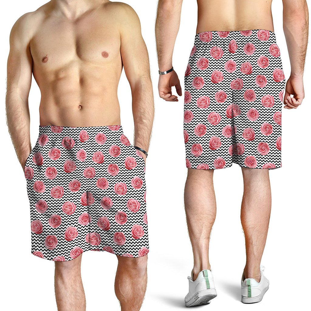 Pink Rose Zigzag Pattern Print Men's Shorts