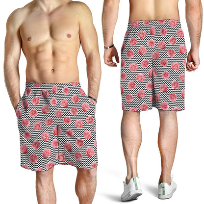 Pink Rose Zigzag Pattern Print Men's Shorts