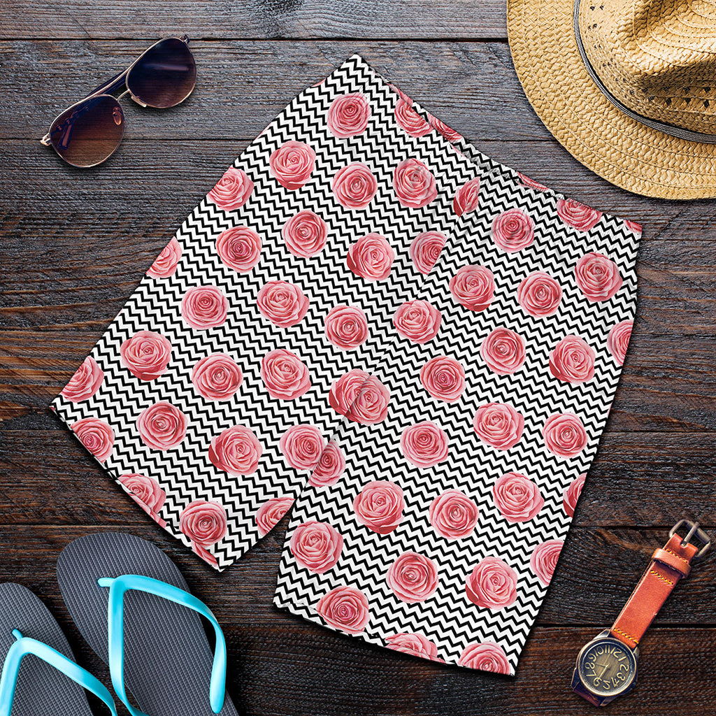 Pink Rose Zigzag Pattern Print Men's Shorts