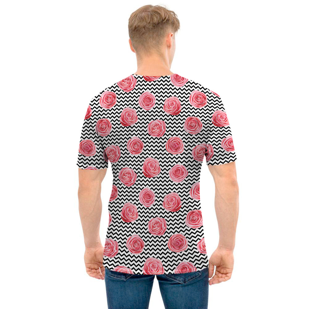 Pink Rose Zigzag Pattern Print Men's T-Shirt