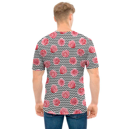 Pink Rose Zigzag Pattern Print Men's T-Shirt