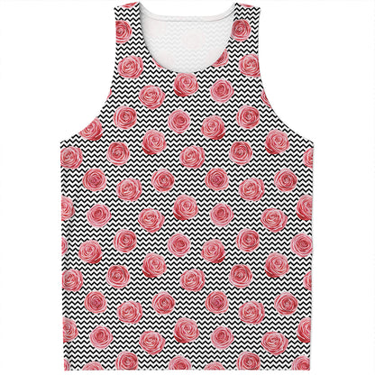 Pink Rose Zigzag Pattern Print Men's Tank Top