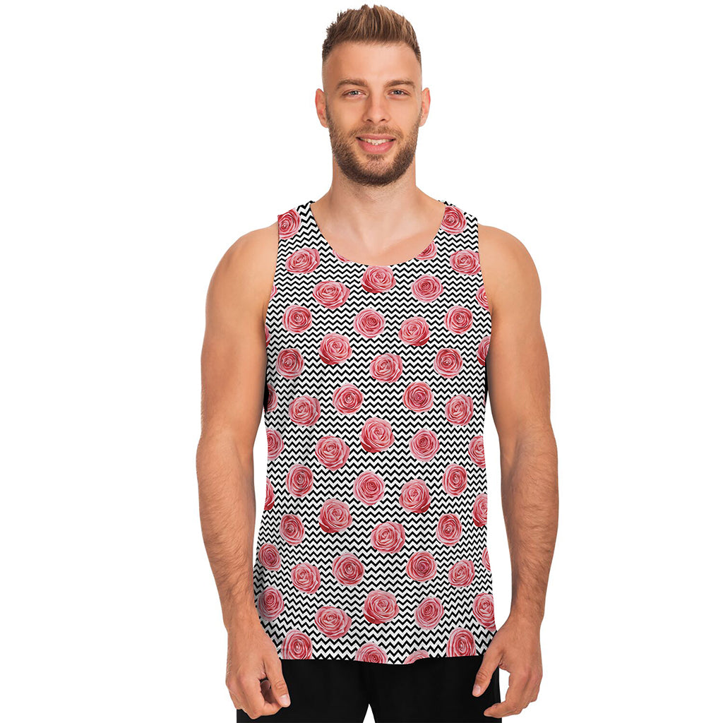 Pink Rose Zigzag Pattern Print Men's Tank Top