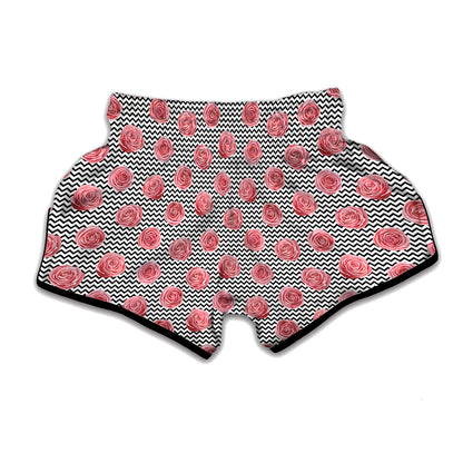 Pink Rose Zigzag Pattern Print Muay Thai Boxing Shorts