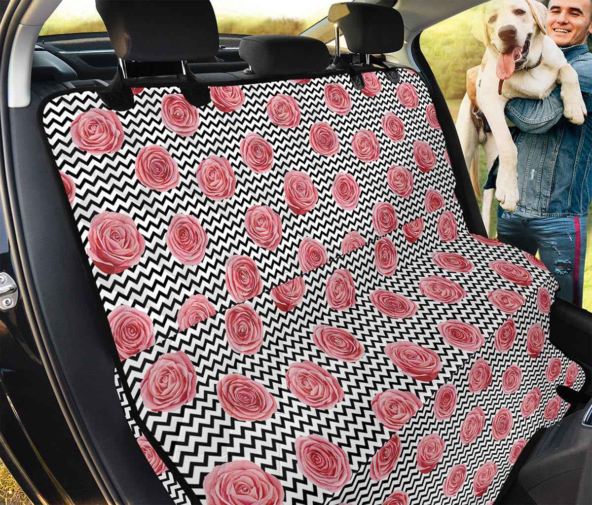 Pink Rose Zigzag Pattern Print Pet Car Back Seat Cover