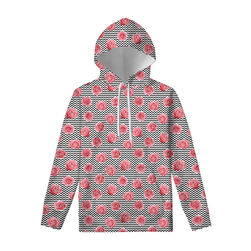 Pink Rose Zigzag Pattern Print Pullover Hoodie