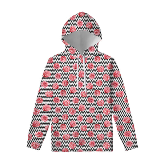 Pink Rose Zigzag Pattern Print Pullover Hoodie