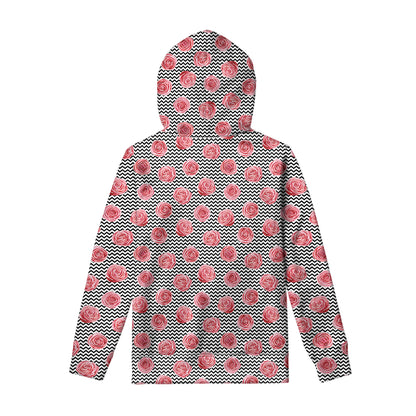 Pink Rose Zigzag Pattern Print Pullover Hoodie