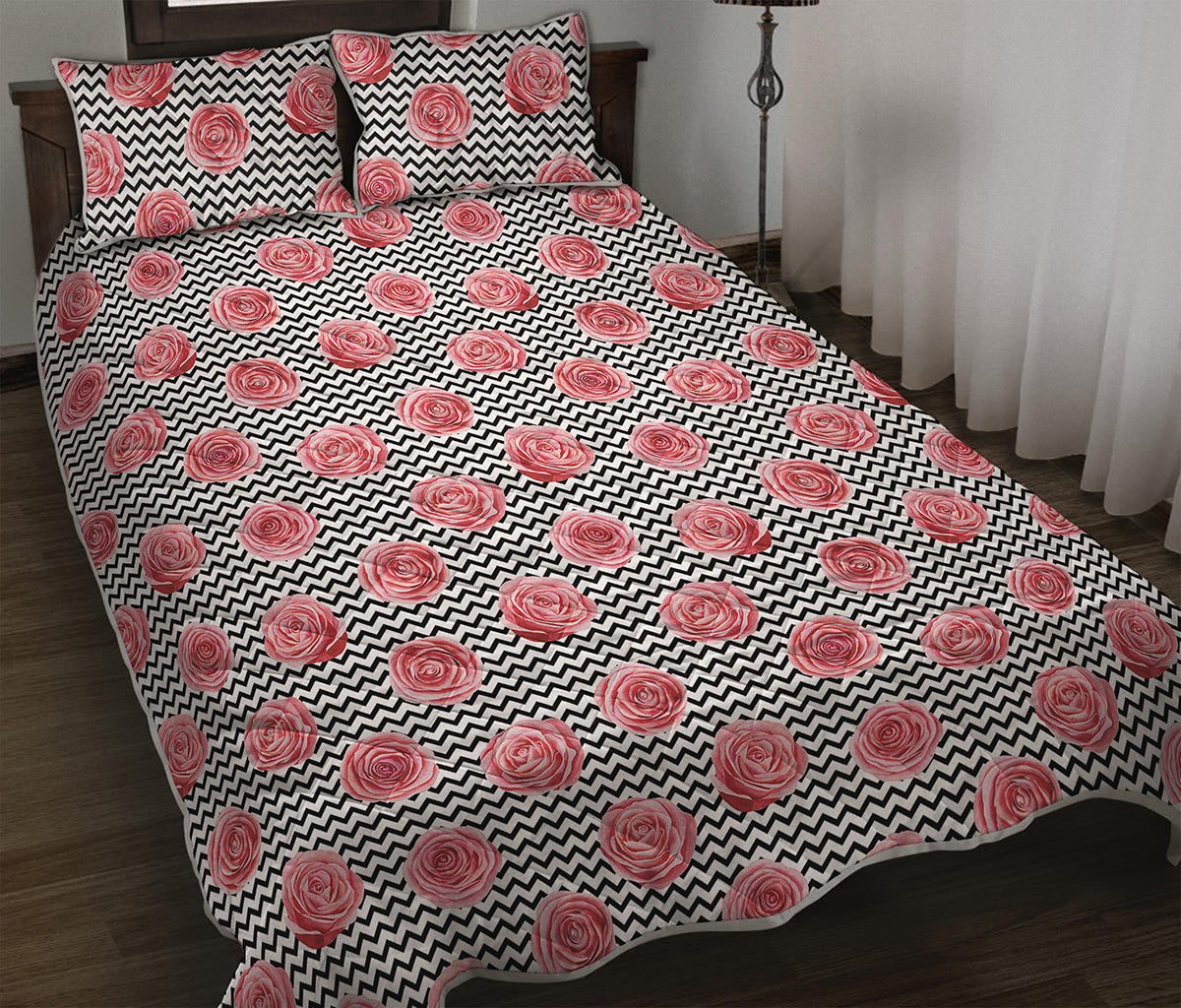 Pink Rose Zigzag Pattern Print Quilt Bed Set