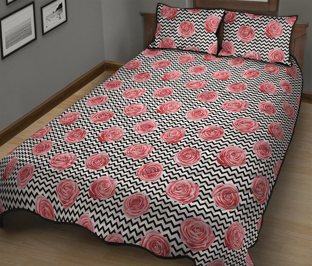 Pink Rose Zigzag Pattern Print Quilt Bed Set