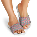 Pink Rose Zigzag Pattern Print White Slide Sandals