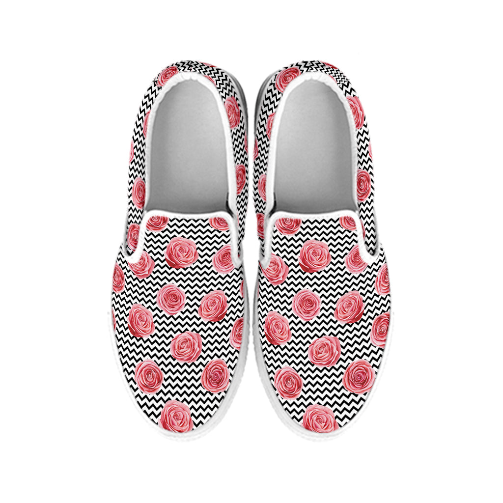 Pink Rose Zigzag Pattern Print White Slip On Shoes
