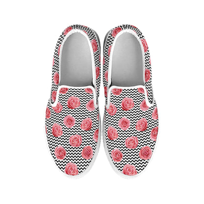 Pink Rose Zigzag Pattern Print White Slip On Shoes