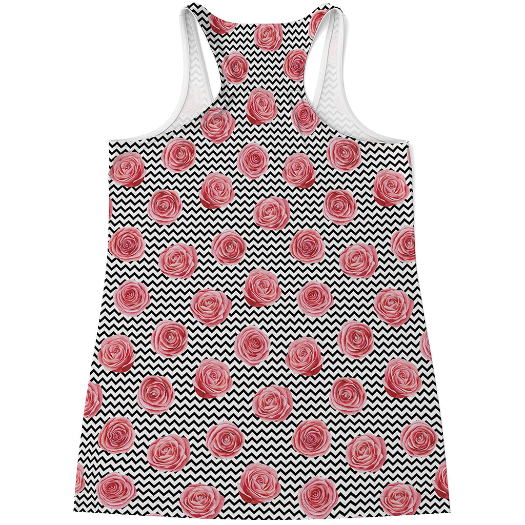 Pink Rose Zigzag Pattern Print Women's Racerback Tank Top