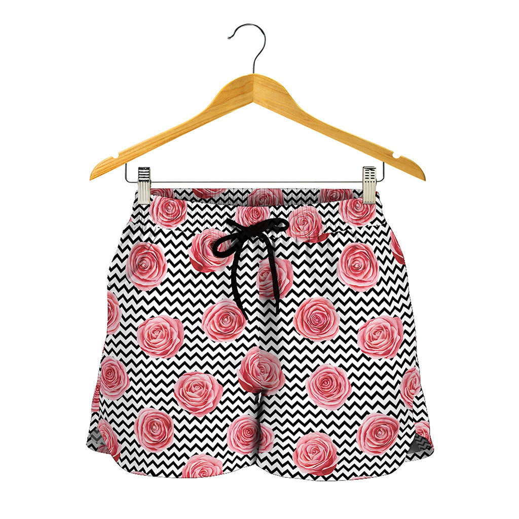 Pink Rose Zigzag Pattern Print Women's Shorts