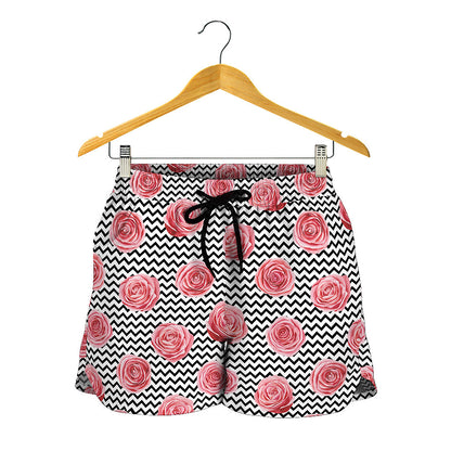Pink Rose Zigzag Pattern Print Women's Shorts