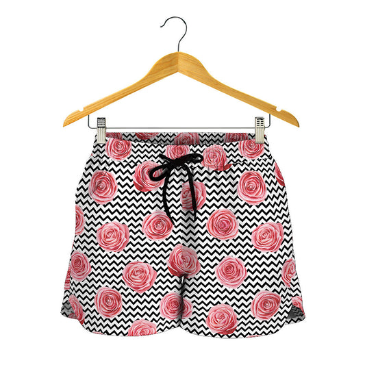 Pink Rose Zigzag Pattern Print Women's Shorts