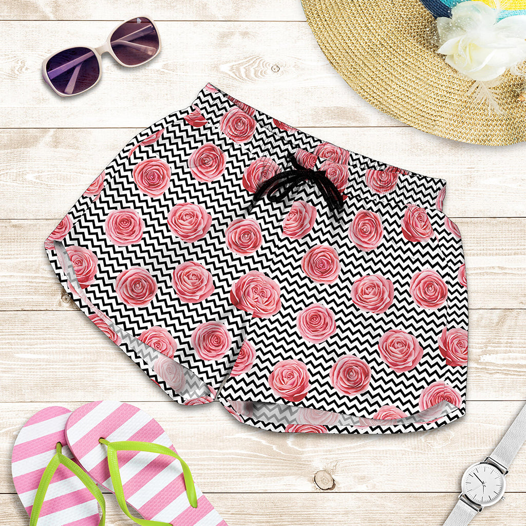 Pink Rose Zigzag Pattern Print Women's Shorts