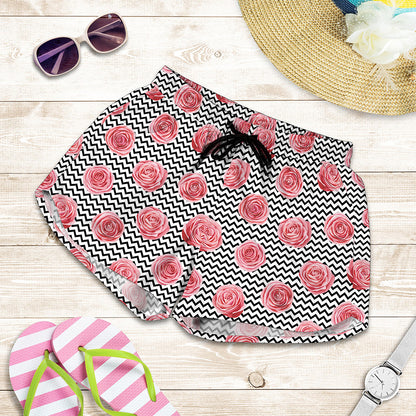 Pink Rose Zigzag Pattern Print Women's Shorts