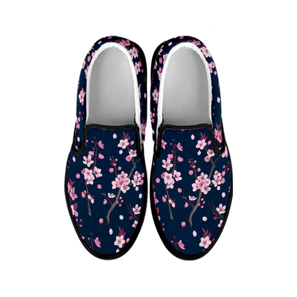 Pink Sakura Cherry Blossom Pattern Print Black Slip On Shoes