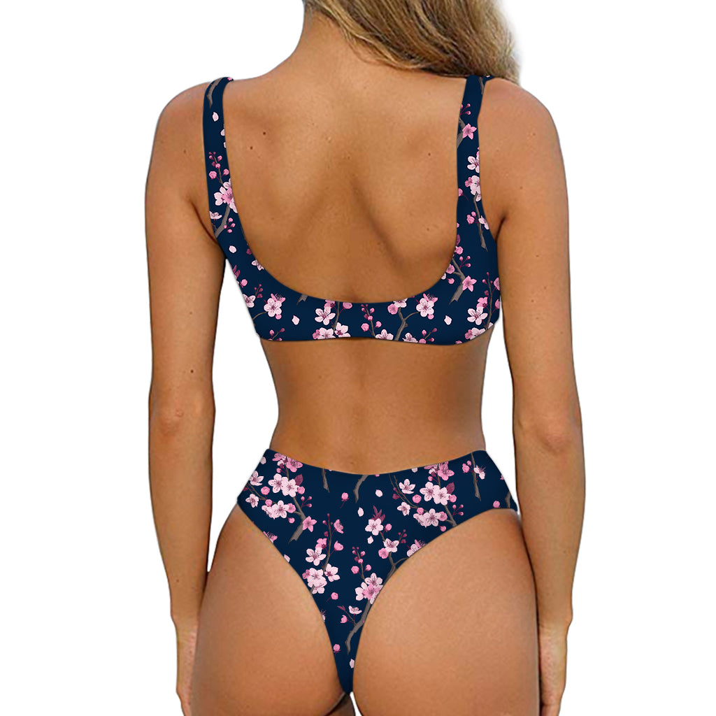 Pink Sakura Cherry Blossom Pattern Print Front Bow Tie Bikini