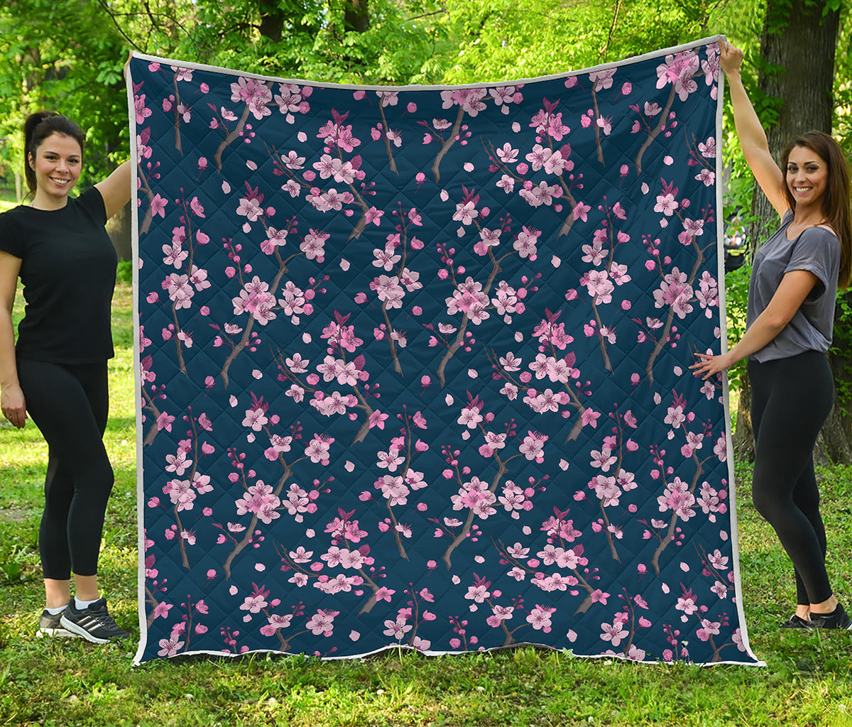 Pink Sakura Cherry Blossom Pattern Print Quilt