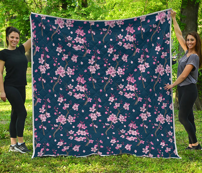 Pink Sakura Cherry Blossom Pattern Print Quilt