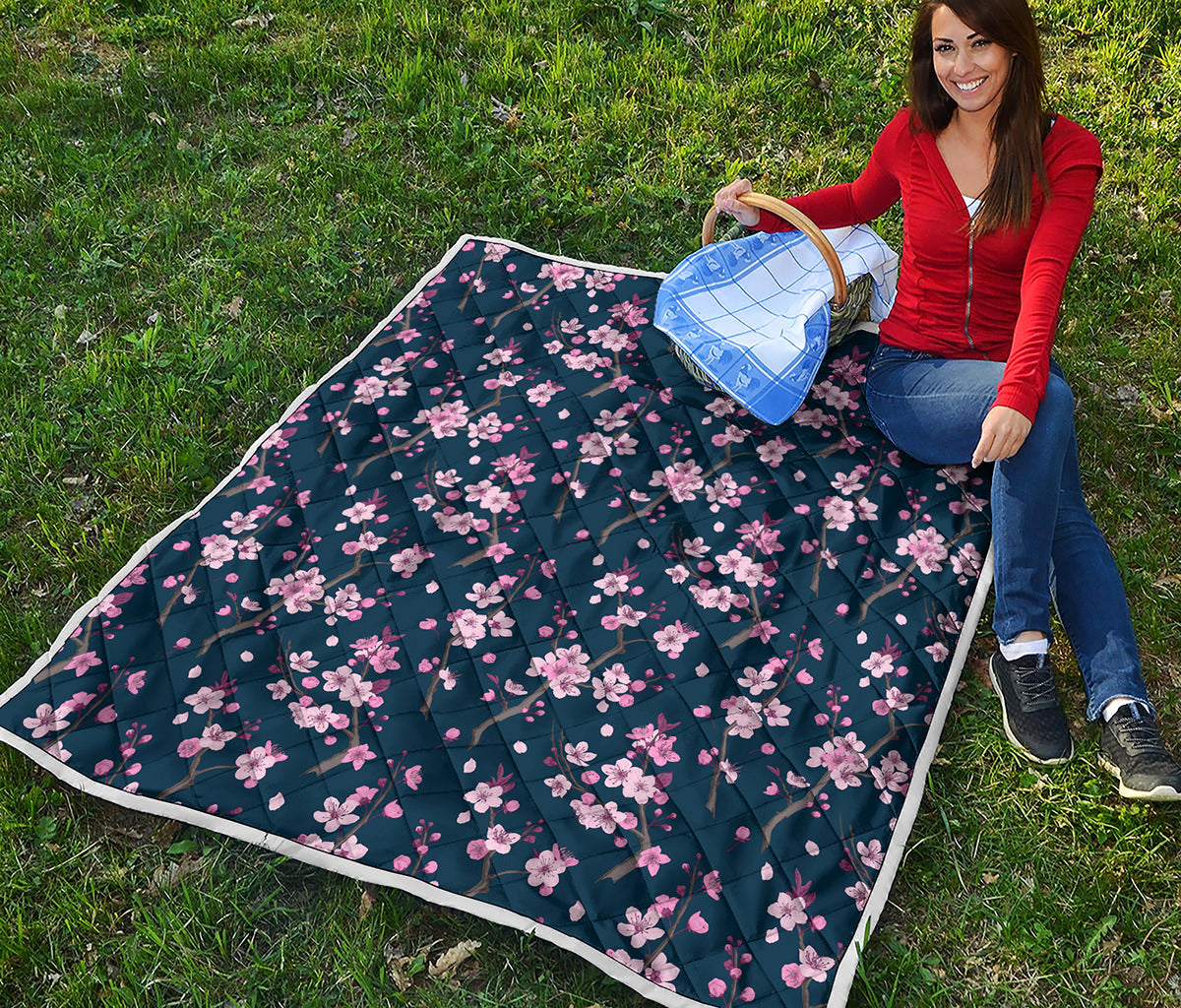 Pink Sakura Cherry Blossom Pattern Print Quilt