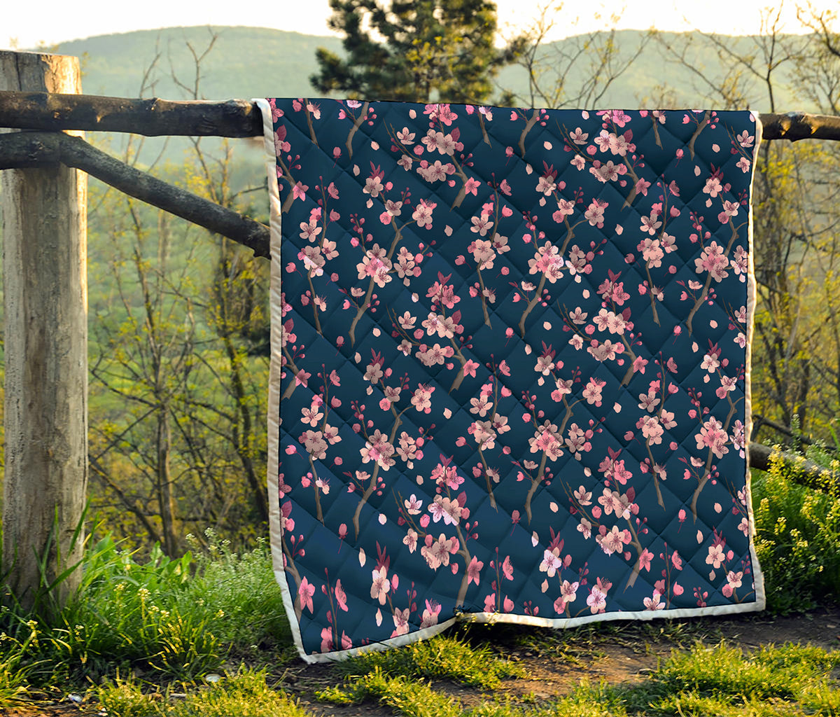Pink Sakura Cherry Blossom Pattern Print Quilt