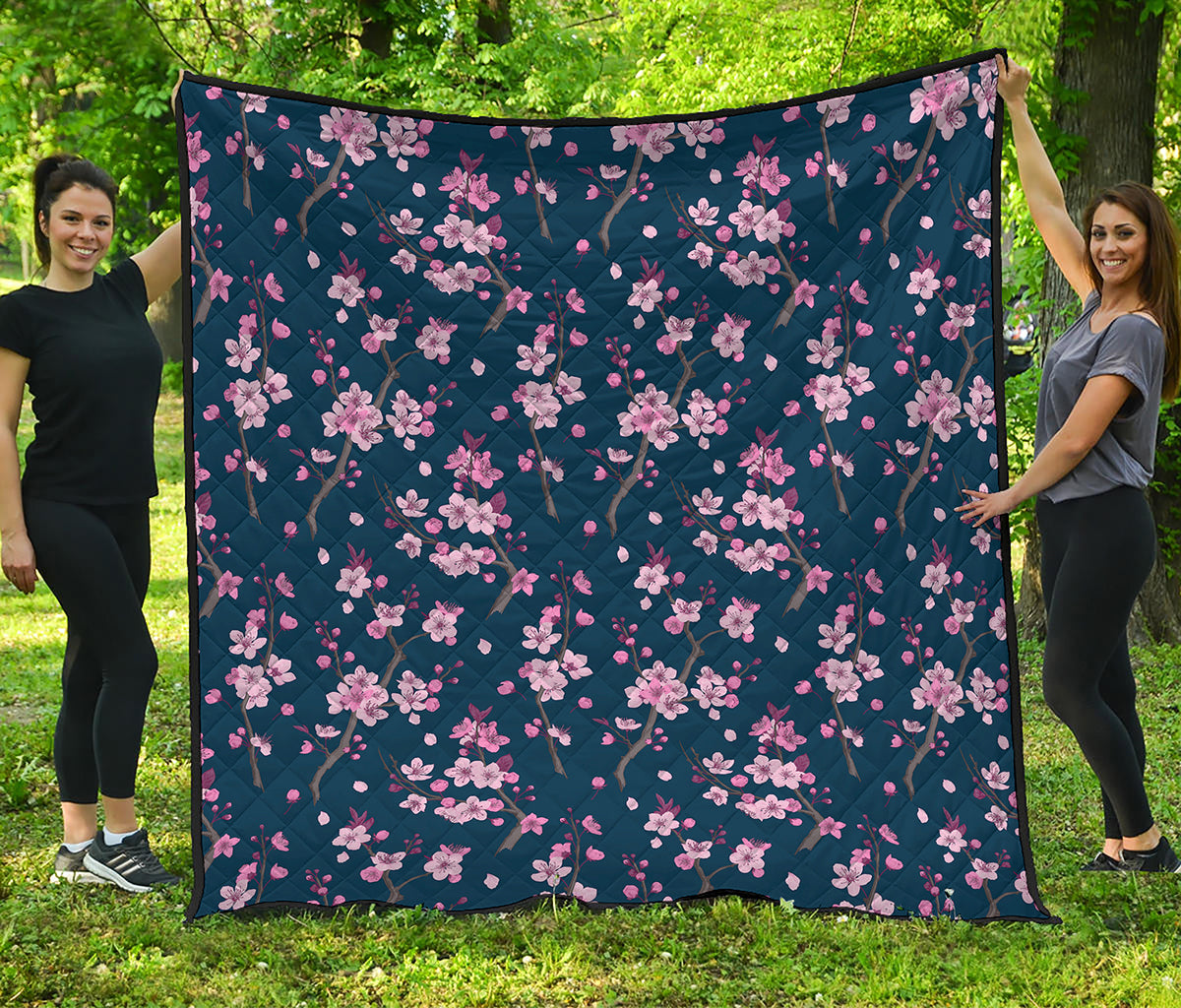Pink Sakura Cherry Blossom Pattern Print Quilt