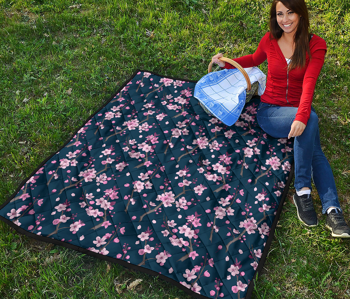 Pink Sakura Cherry Blossom Pattern Print Quilt