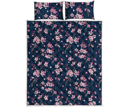 Pink Sakura Cherry Blossom Pattern Print Quilt Bed Set