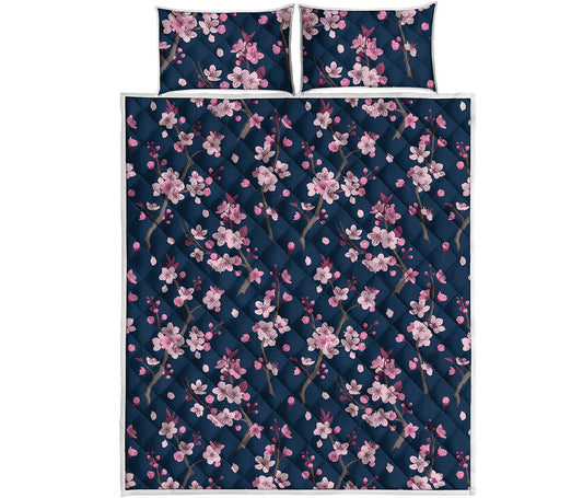 Pink Sakura Cherry Blossom Pattern Print Quilt Bed Set