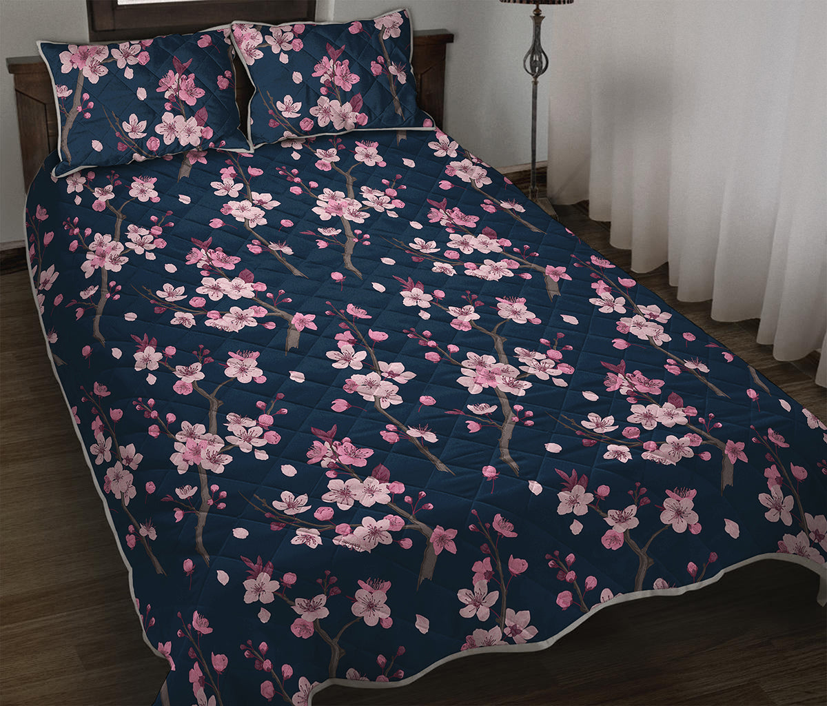 Pink Sakura Cherry Blossom Pattern Print Quilt Bed Set