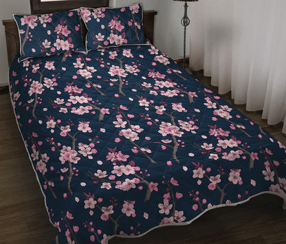 Pink Sakura Cherry Blossom Pattern Print Quilt Bed Set